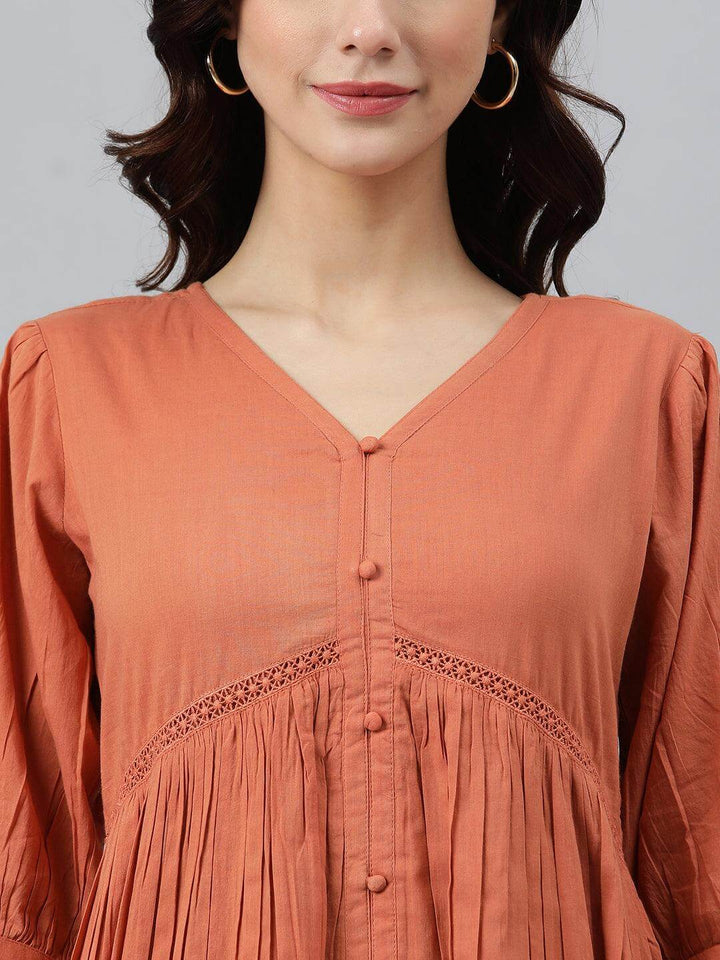 Coral Orange Cotton Solid Flared Western Dress  - By Janasya