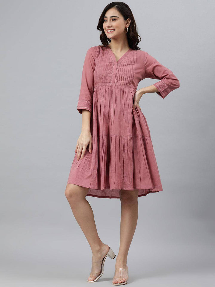 Coral Pink Cotton Solid Flared Western Dress  - By Janasya