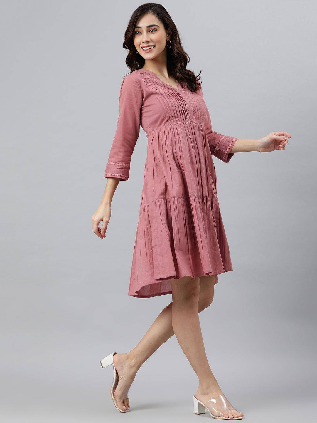 Coral Pink Cotton Solid Flared Western Dress  - By Janasya