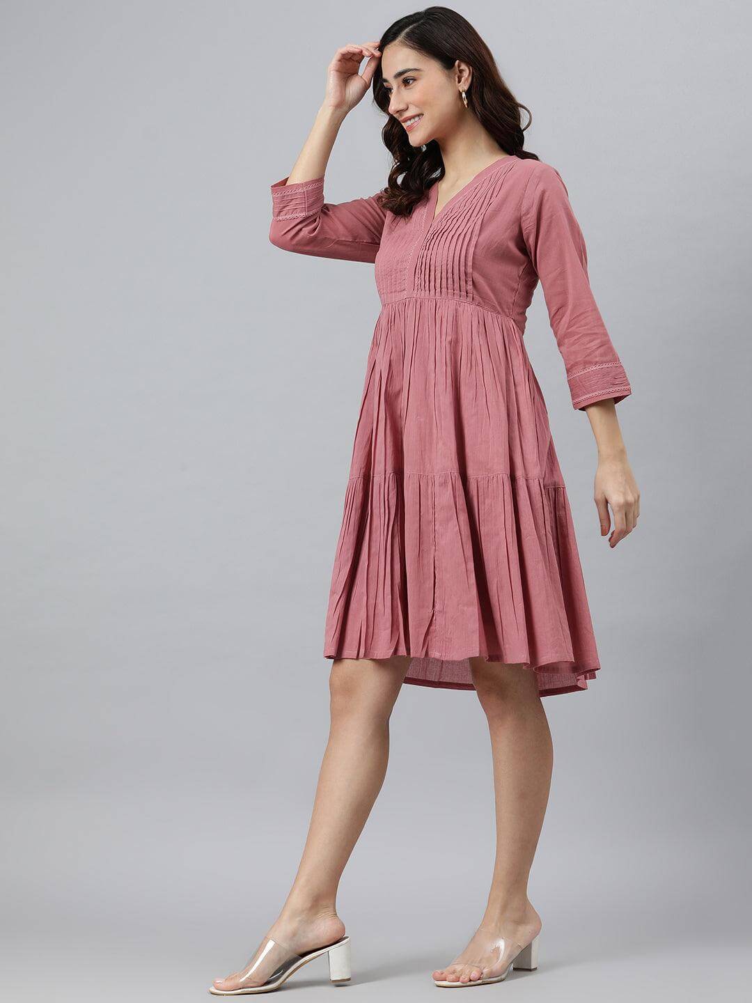 Coral Pink Cotton Solid Flared Western Dress  - By Janasya