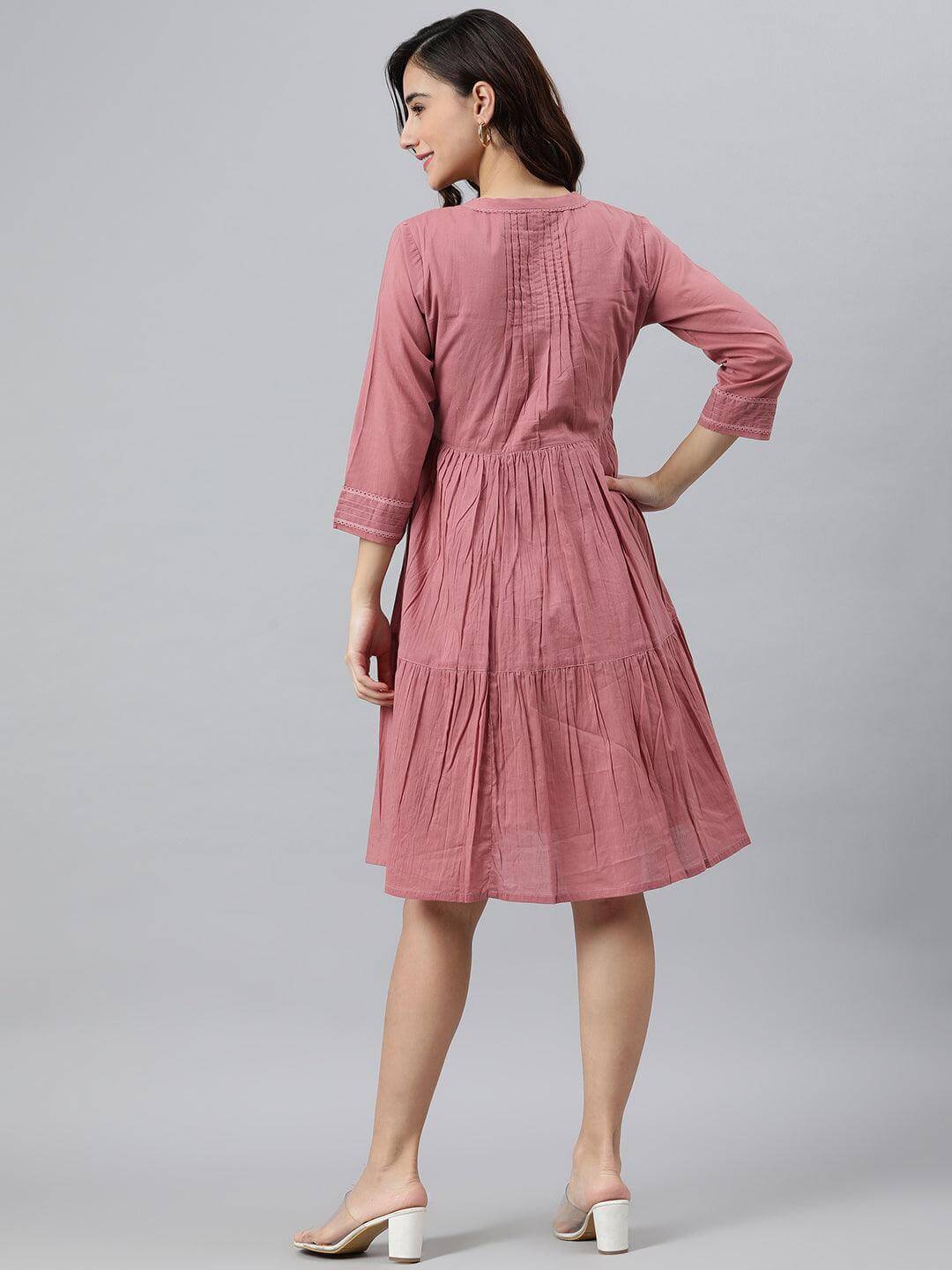 Coral Pink Cotton Solid Flared Western Dress  - By Janasya