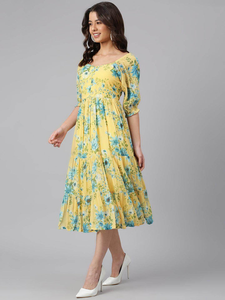 Yellow Georgette Floral Print Flared Western Dress  - By Janasya