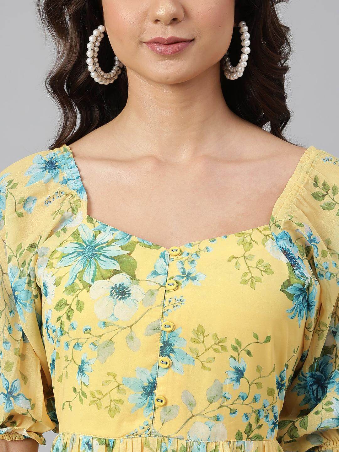 Yellow Georgette Floral Print Flared Western Dress  - By Janasya