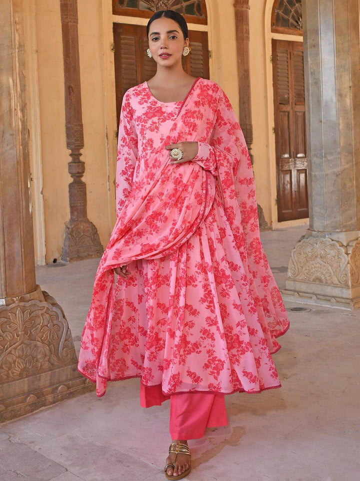 Pink Georgette Floral Print Kurta Palazzo Set  - By Janasya