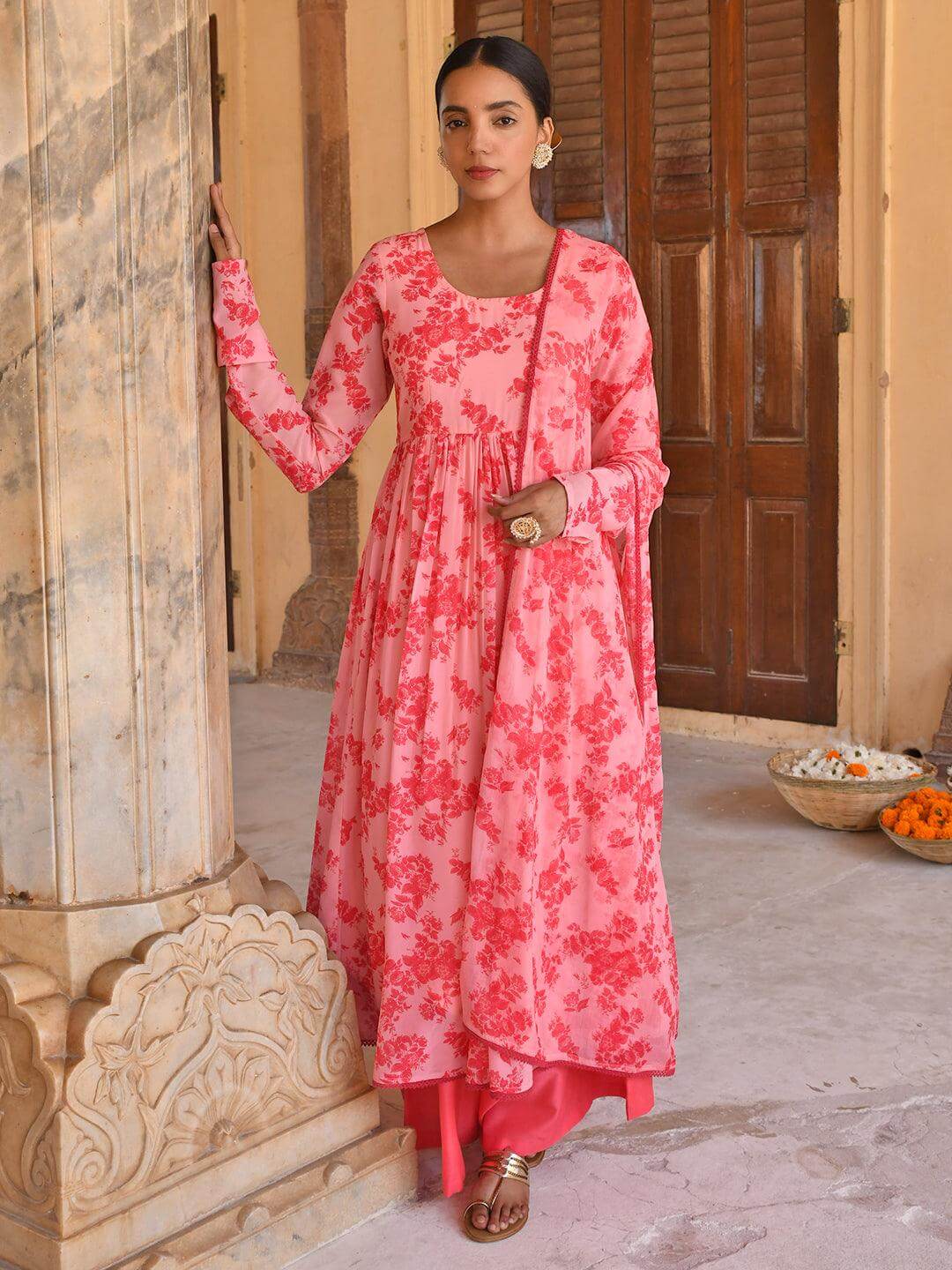 Pink Georgette Floral Print Kurta Palazzo Set  - By Janasya