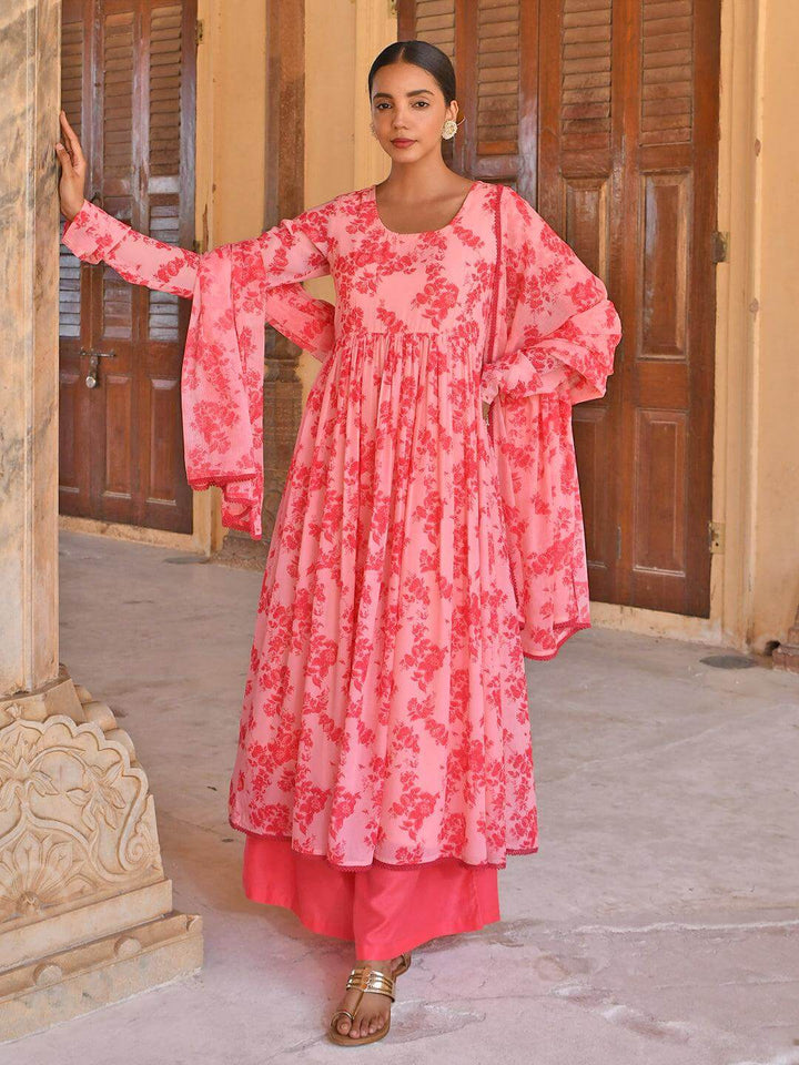 Pink Georgette Floral Print Kurta Palazzo Set  - By Janasya