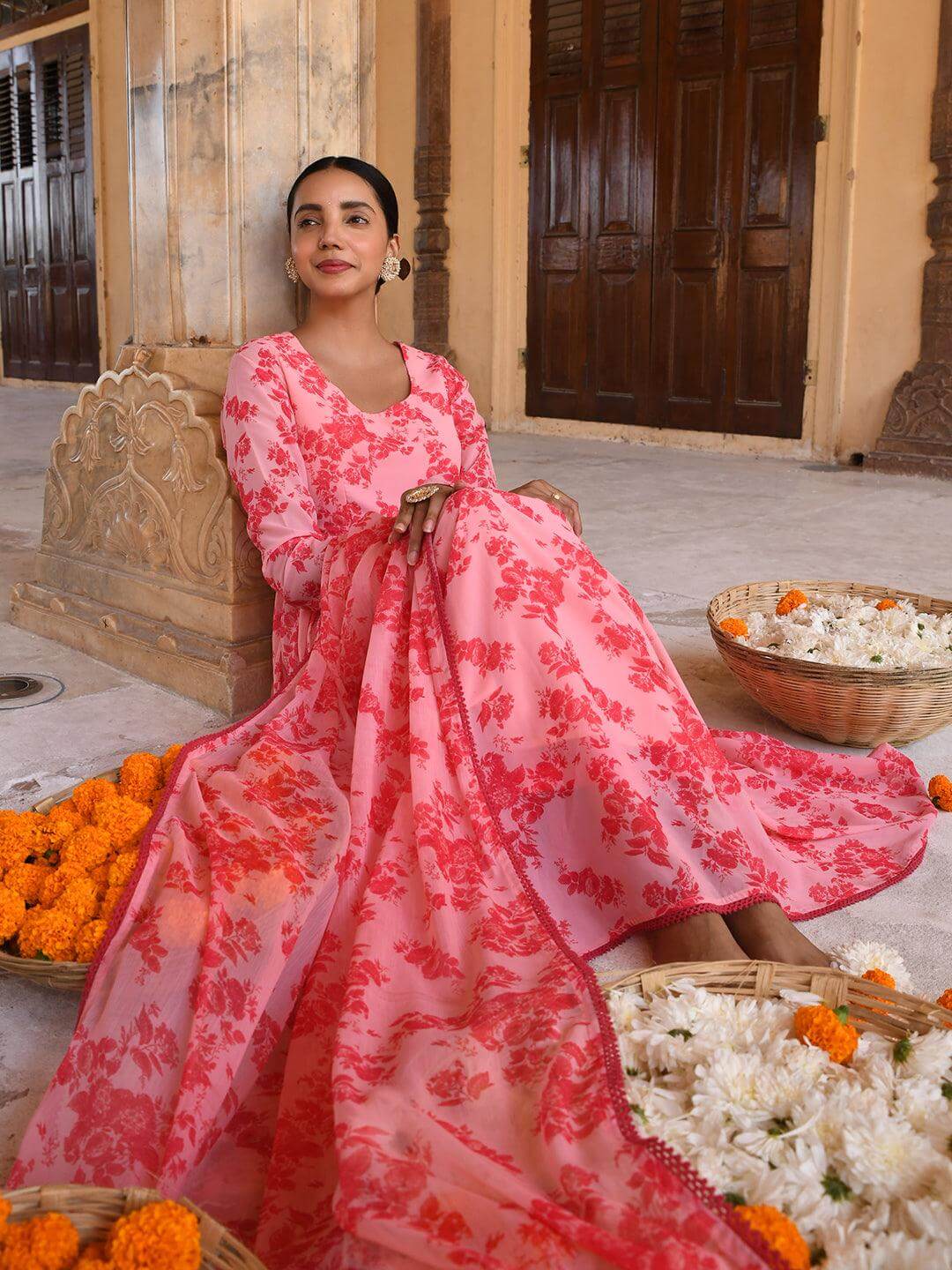 Pink Georgette Floral Print Kurta Palazzo Set  - By Janasya