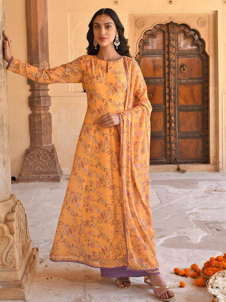 Yellow Georgette Floral Print Kurta Palazzo Set  - By Janasya