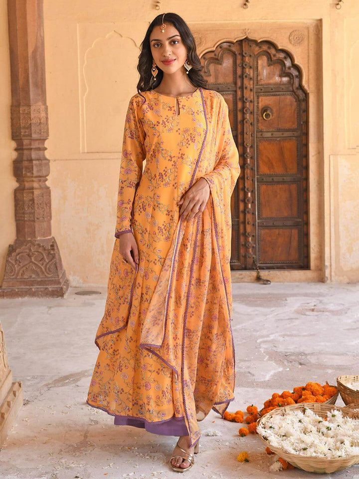 Yellow Georgette Floral Print Kurta Palazzo Set  - By Janasya