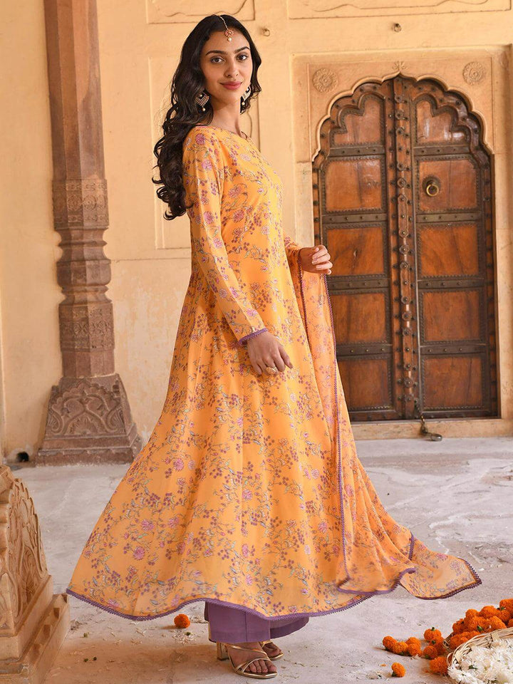 Yellow Georgette Floral Print Kurta Palazzo Set  - By Janasya