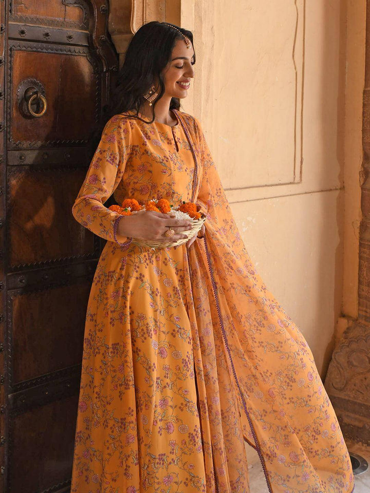 Yellow Georgette Floral Print Kurta Palazzo Set  - By Janasya