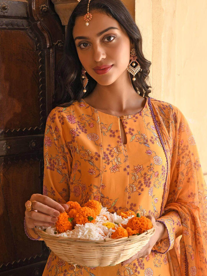 Yellow Georgette Floral Print Kurta Palazzo Set  - By Janasya