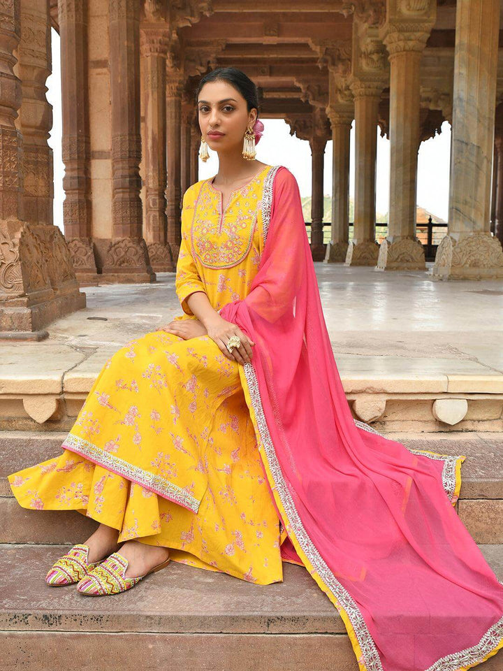 Yellow Cotton Embroidered Kurta Palazzo Set  - By Janasya