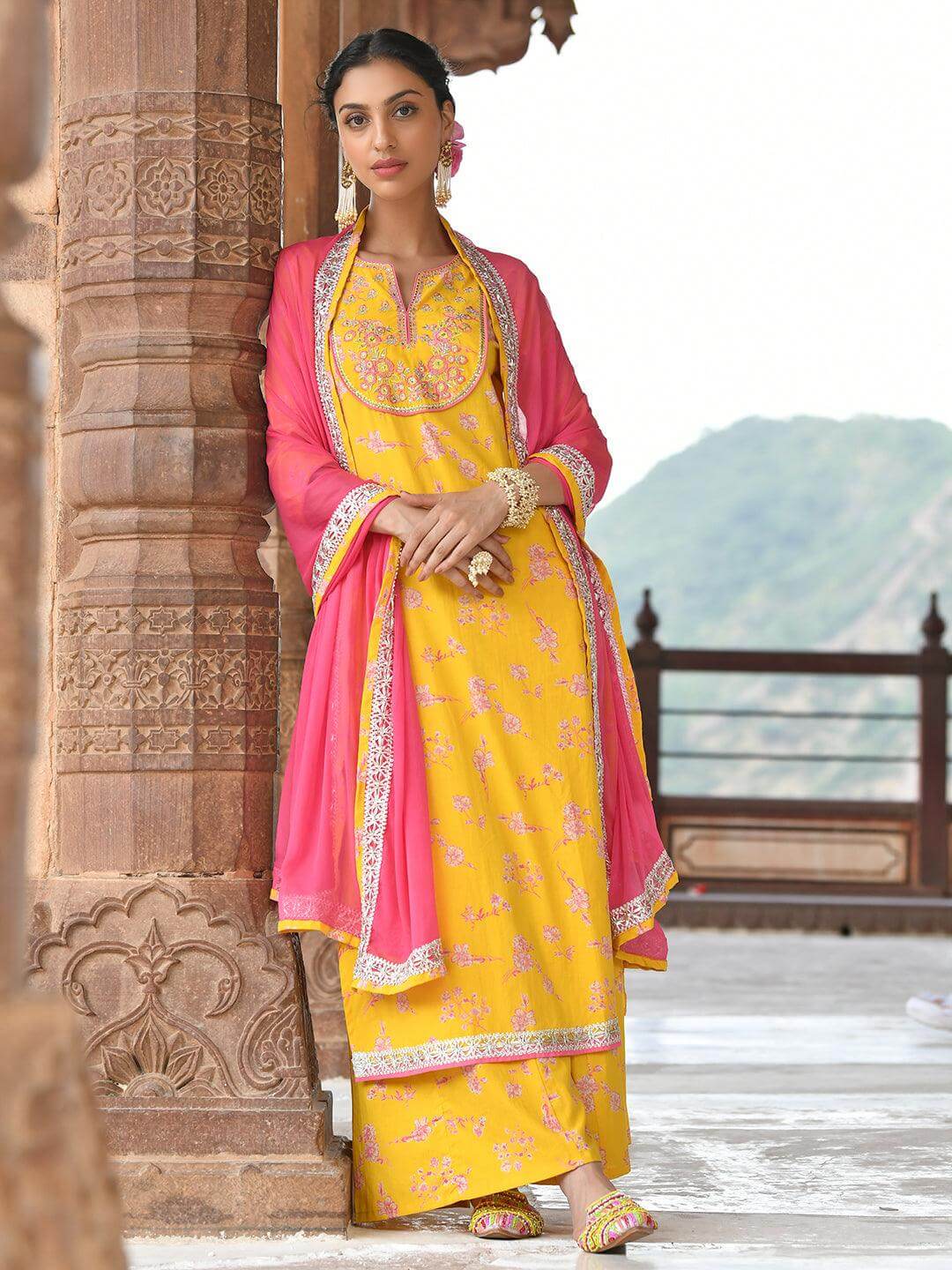 Yellow Cotton Embroidered Kurta Palazzo Set  - By Janasya