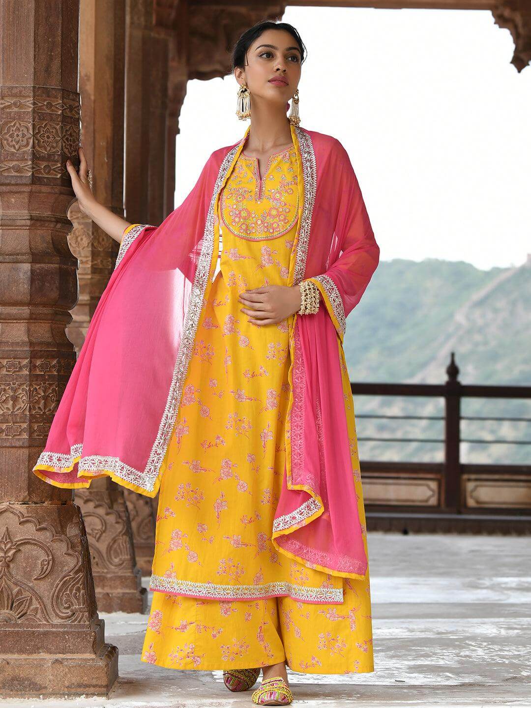 Yellow Cotton Embroidered Kurta Palazzo Set  - By Janasya