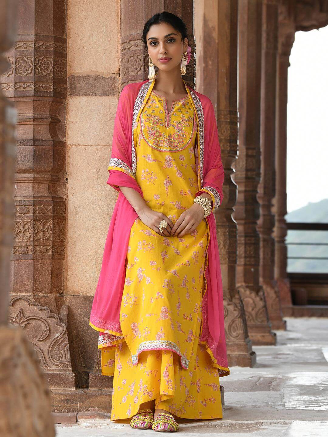 Yellow Cotton Embroidered Kurta Palazzo Set  - By Janasya