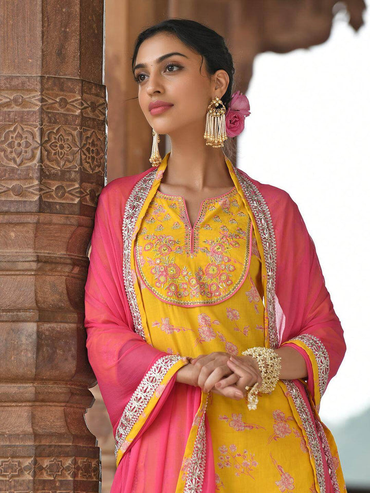 Yellow Cotton Embroidered Kurta Palazzo Set  - By Janasya