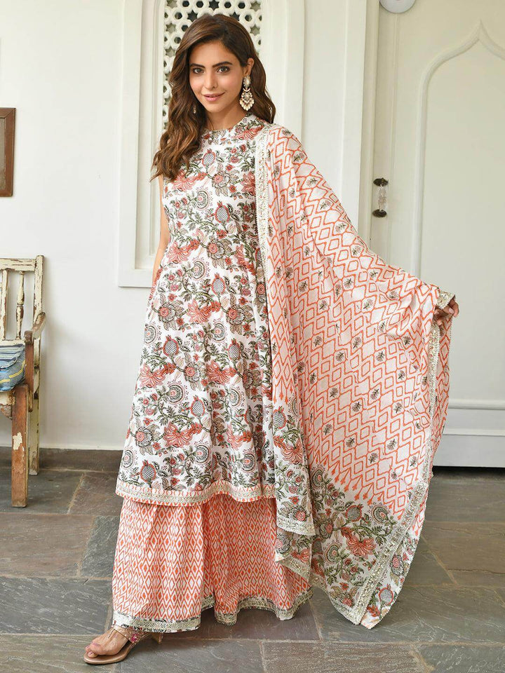 White Cotton Floral Block Print Kurta Sharara Set  - By Janasya