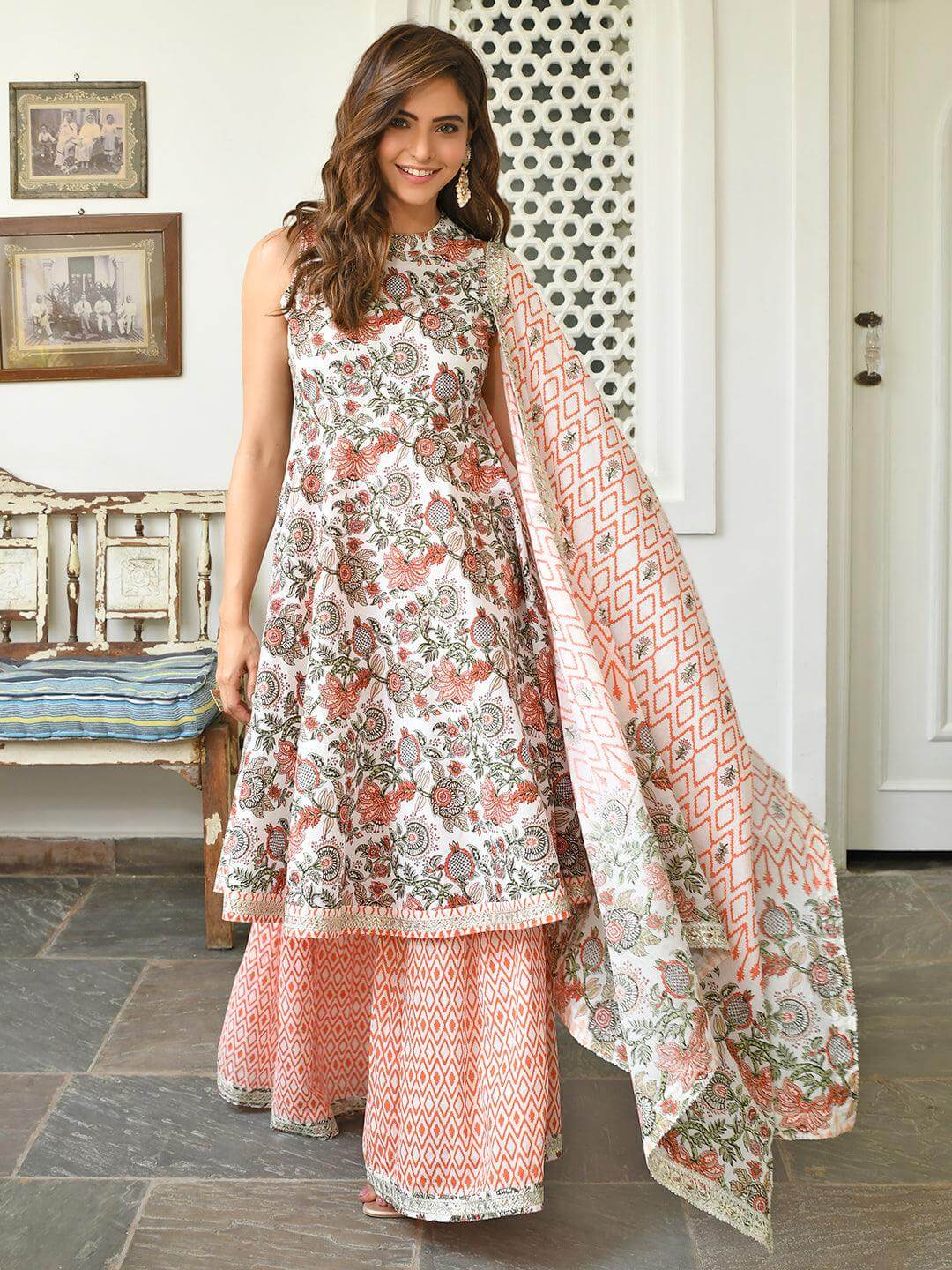 White Cotton Floral Block Print Kurta Sharara Set  - By Janasya