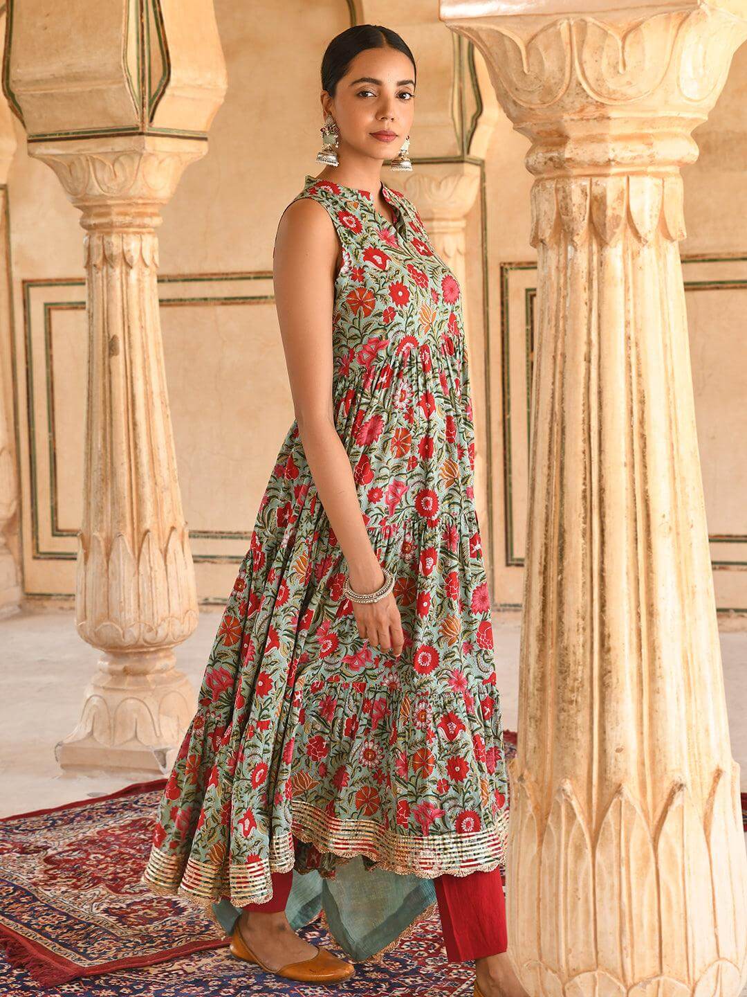 Sage Green Cotton Floral Block Print Kurta Pant Set  - By Janasya