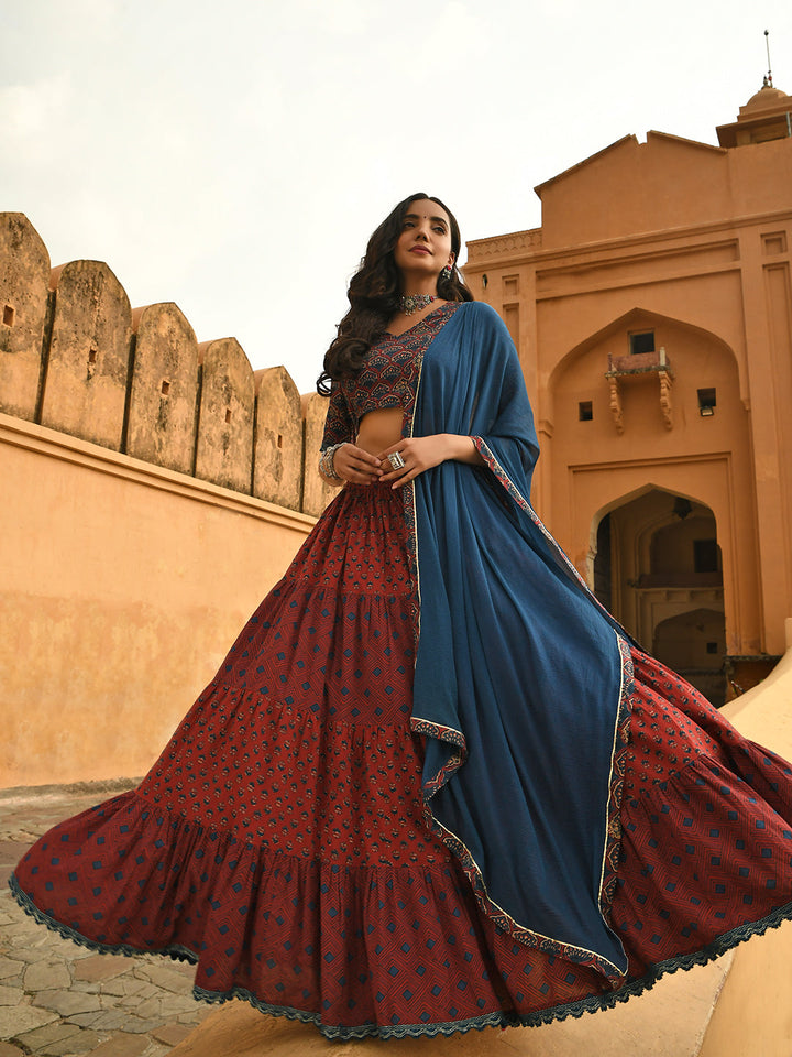 Maroon Cotton Block Print Lehenga Choli With Dupatta  - By Janasya