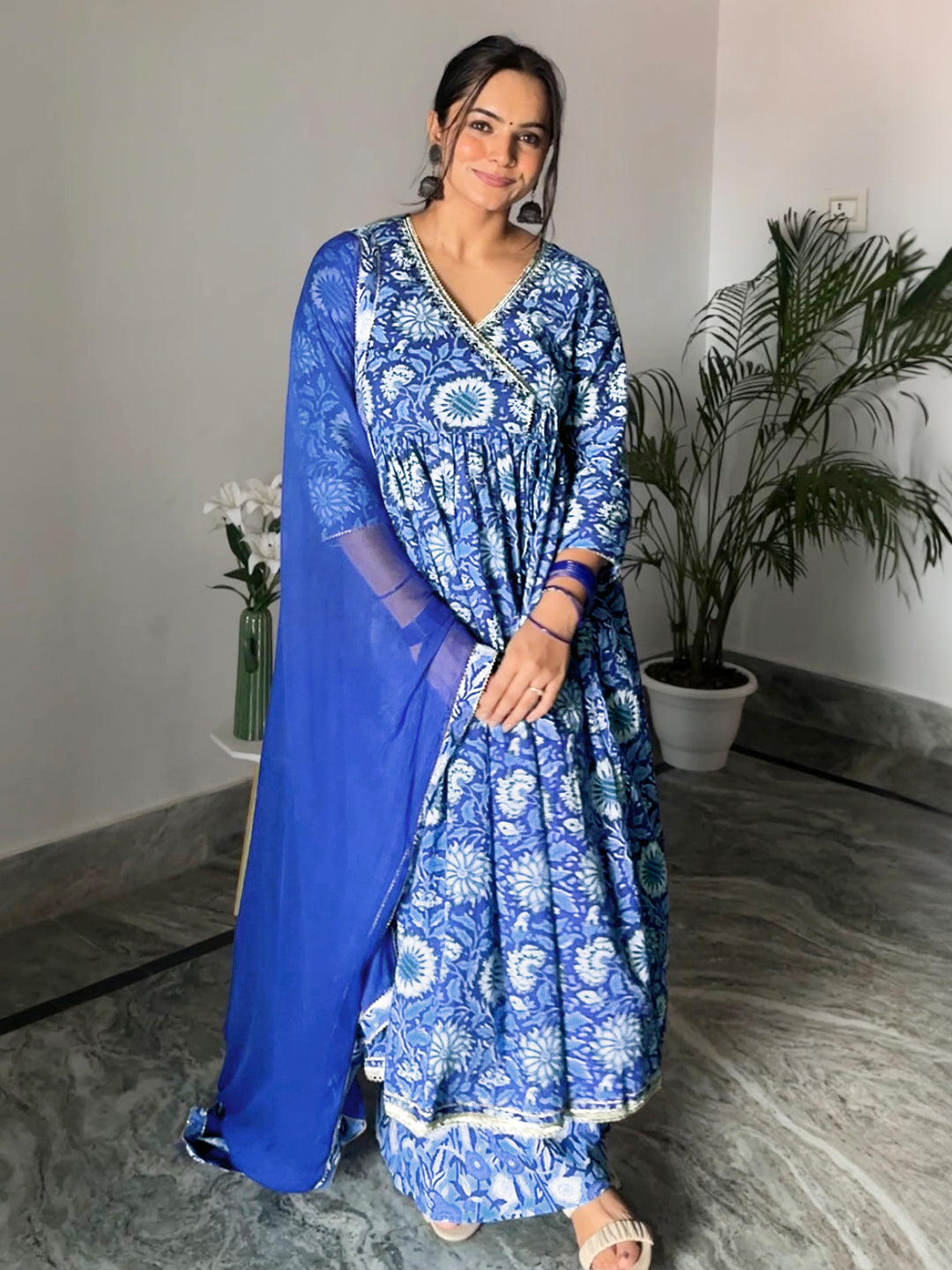 Blue Cotton Floral Block Print Kurta Palazzo Set  - By Janasya