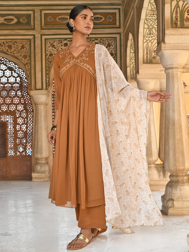 Brown Georgette Floral Embroidery Kurta Palazzo Set  - By Janasya