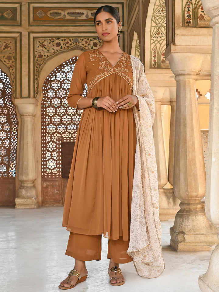 Brown Georgette Floral Embroidery Kurta Palazzo Set  - By Janasya