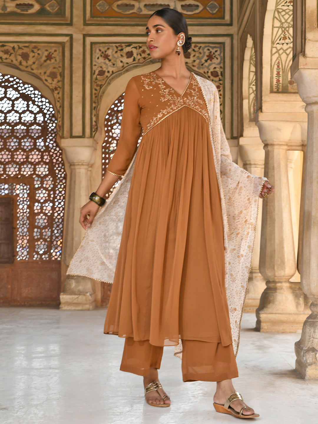 Brown Georgette Floral Embroidery Kurta Palazzo Set  - By Janasya