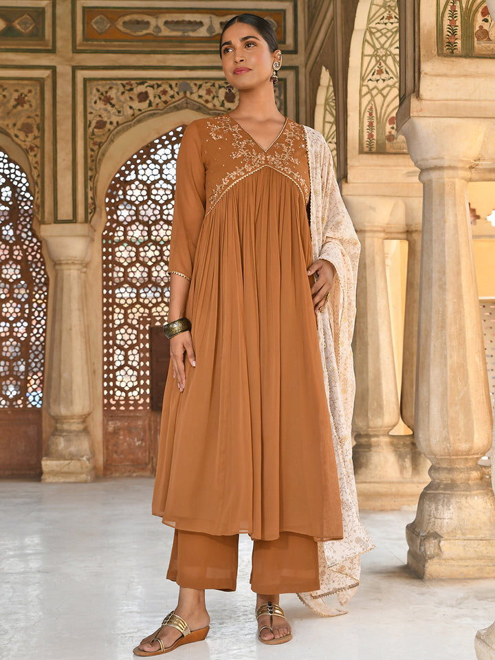 Brown Georgette Floral Embroidery Kurta Palazzo Set  - By Janasya