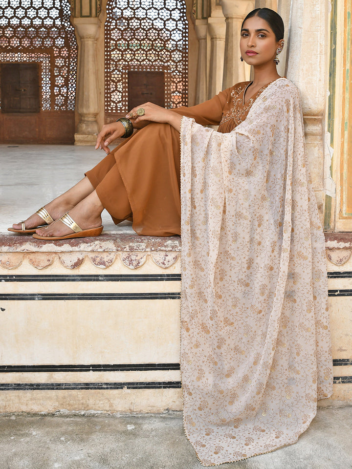 Brown Georgette Floral Embroidery Kurta Palazzo Set  - By Janasya