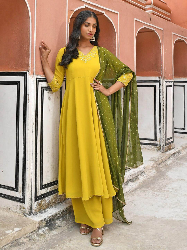 Yellow Georgette Solid Kurta Palazzo Set  - By Janasya