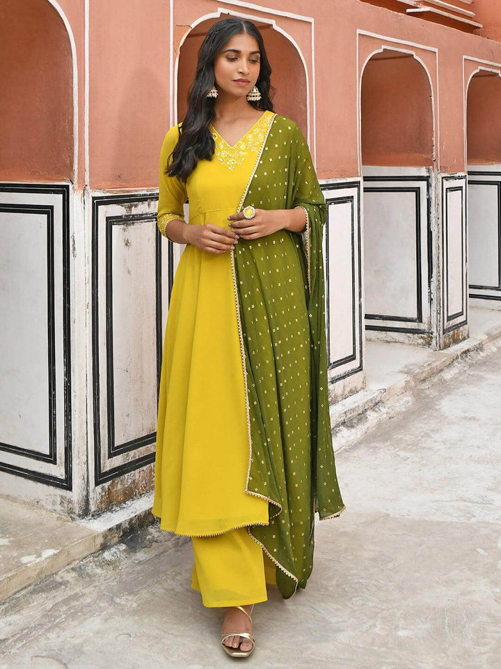 Yellow Georgette Solid Kurta Palazzo Set  - By Janasya