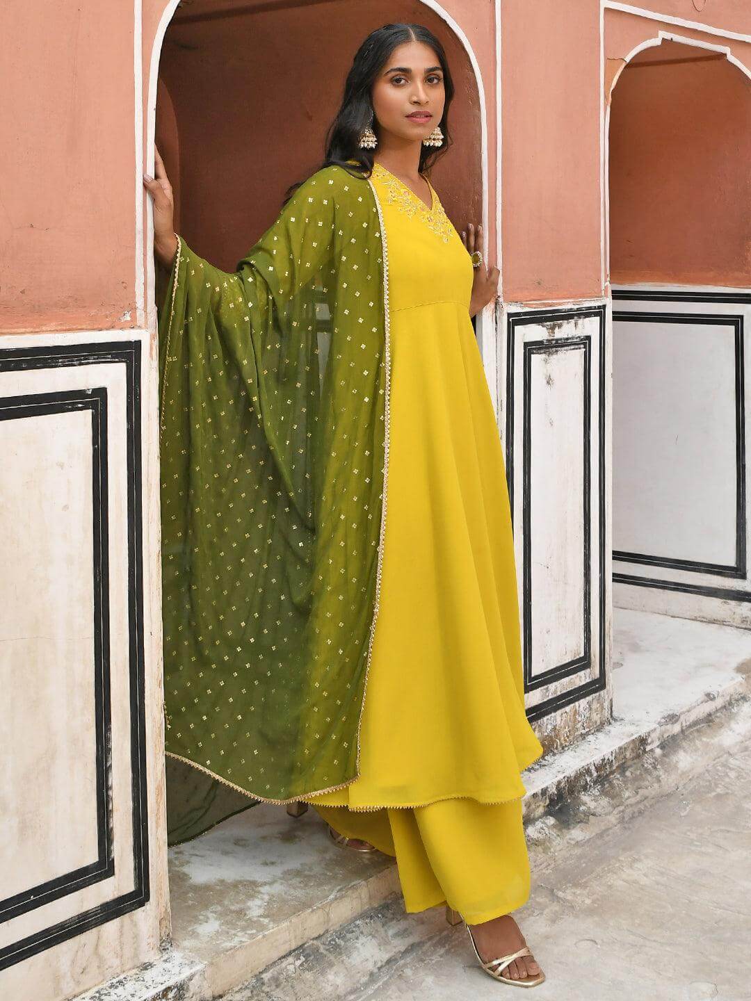 Yellow Georgette Solid Kurta Palazzo Set  - By Janasya