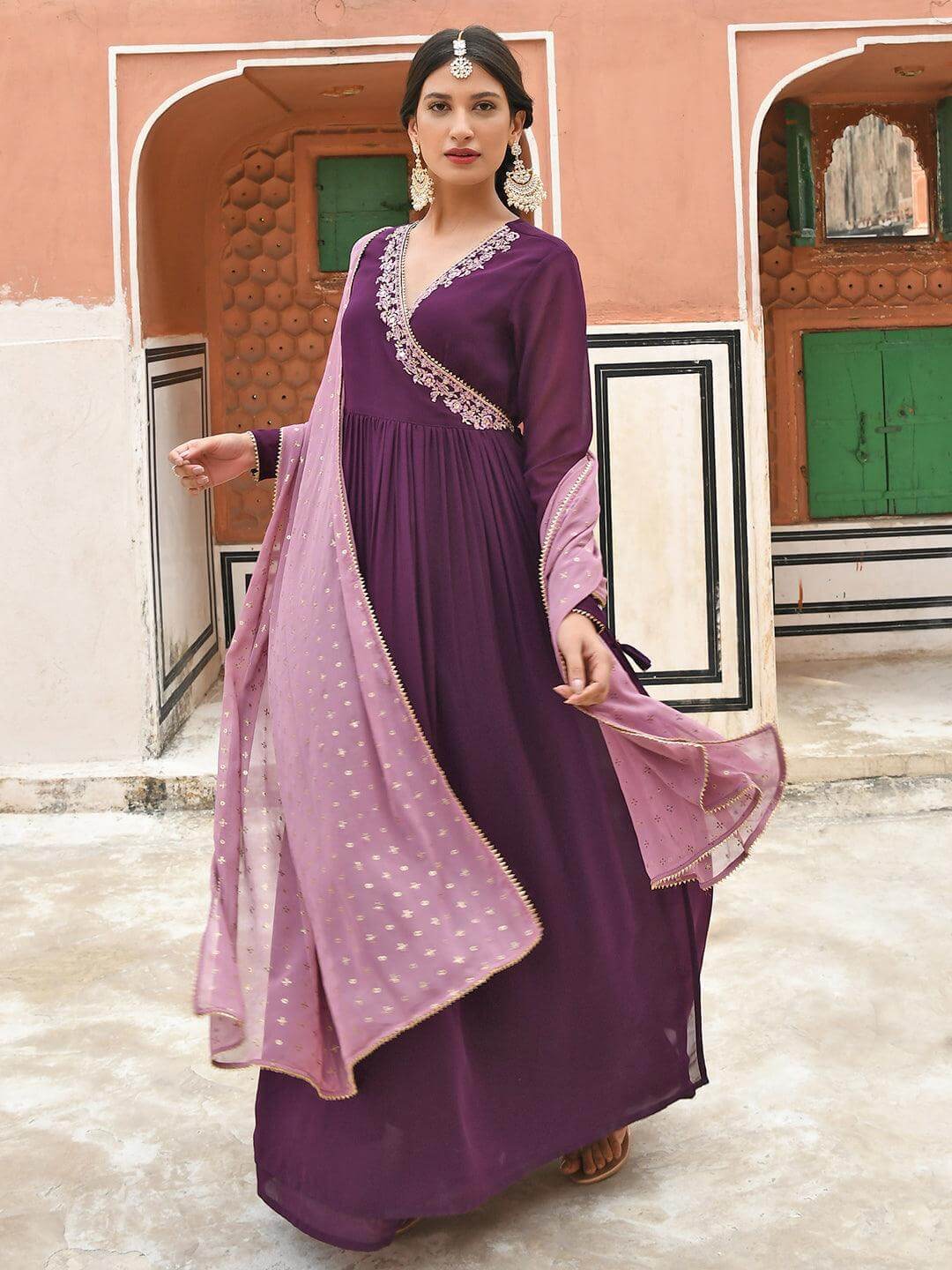 Wine Georgette Solid Angrakha Kurta Set  - By Janasya