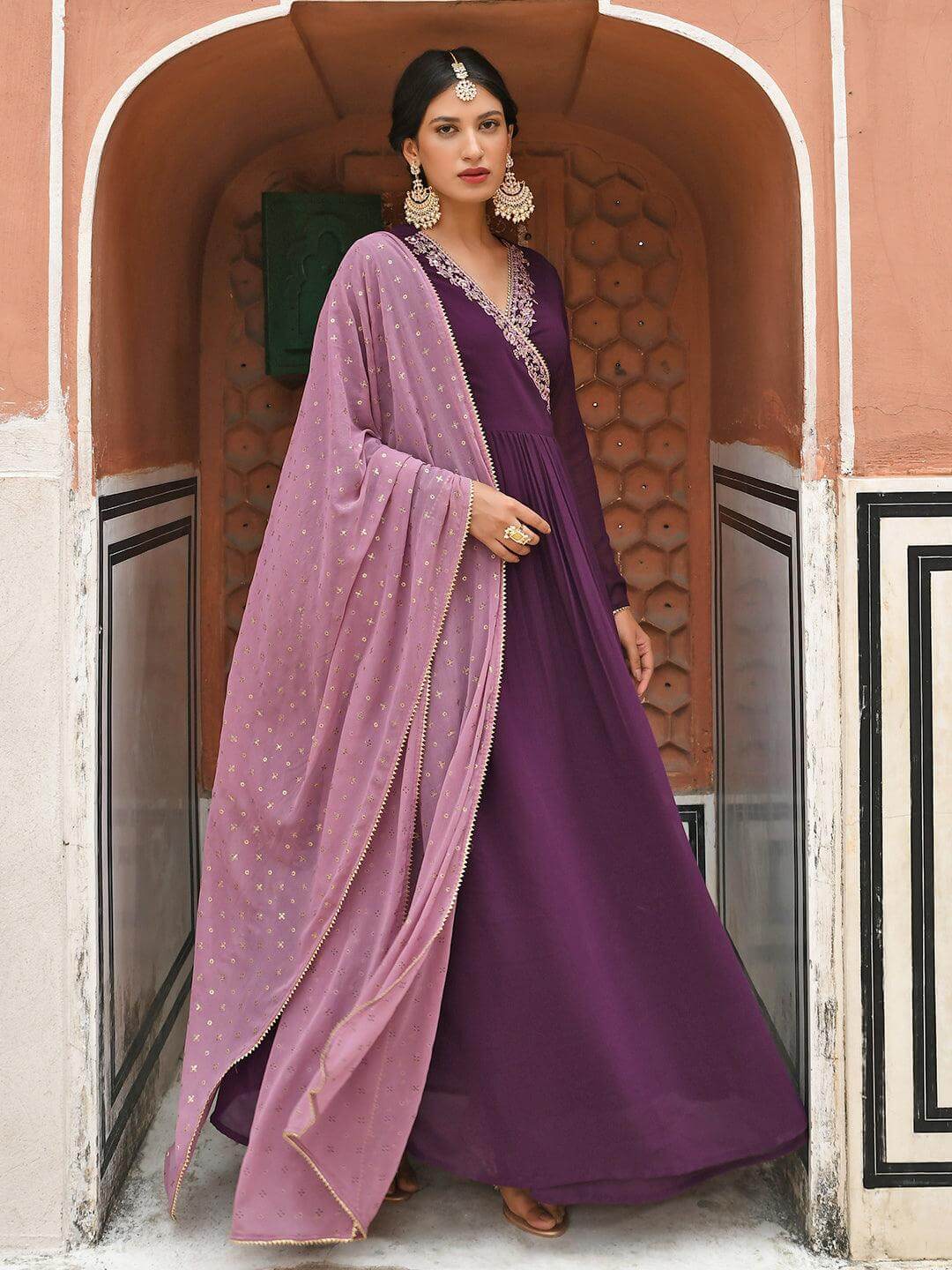 Wine Georgette Solid Angrakha Kurta Set  - By Janasya