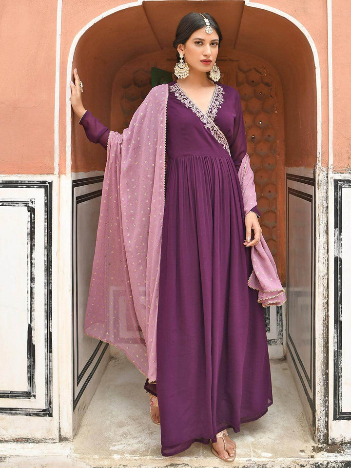 Wine Georgette Solid Angrakha Kurta Set  - By Janasya