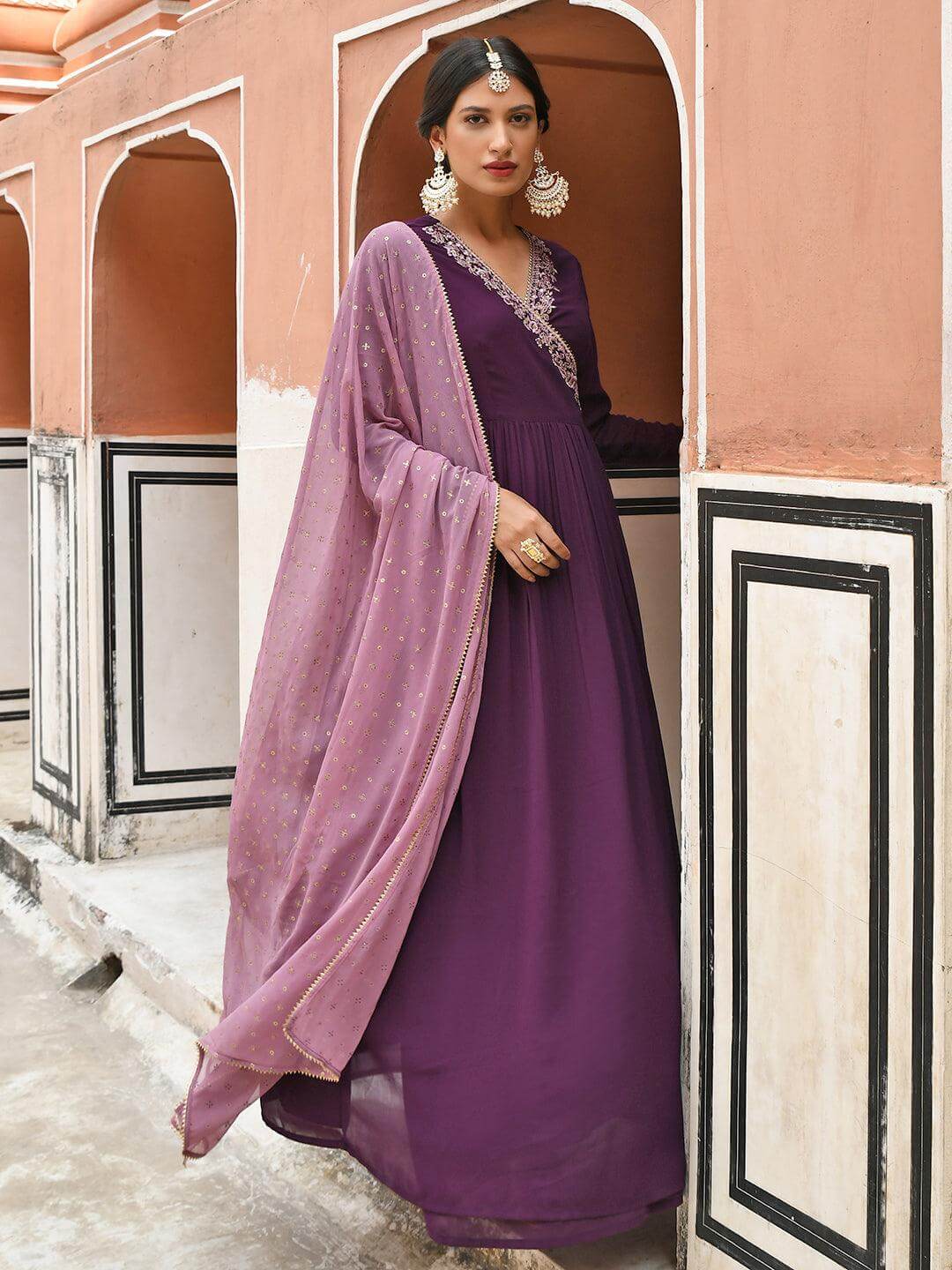 Wine Georgette Solid Angrakha Kurta Set  - By Janasya