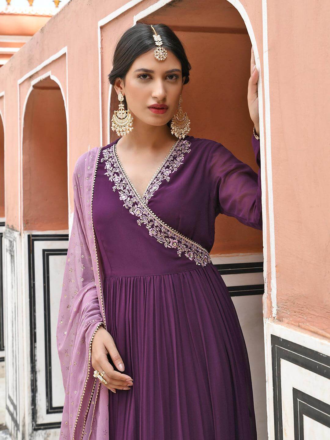 Wine Georgette Solid Angrakha Kurta Set  - By Janasya