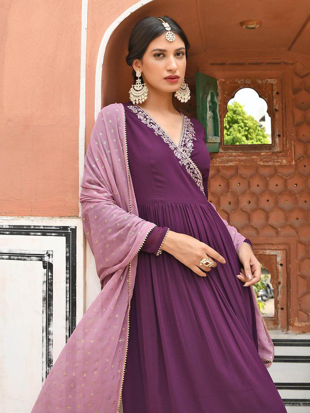 Wine Georgette Solid Angrakha Kurta Set  - By Janasya