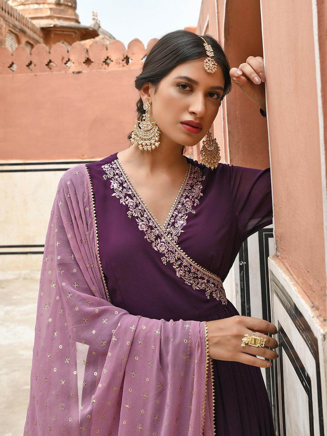 Wine Georgette Solid Angrakha Kurta Set  - By Janasya