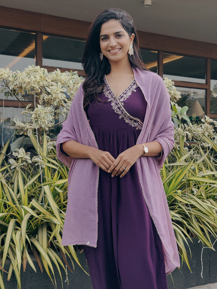 Wine Georgette Solid Angrakha Kurta Set  - By Janasya