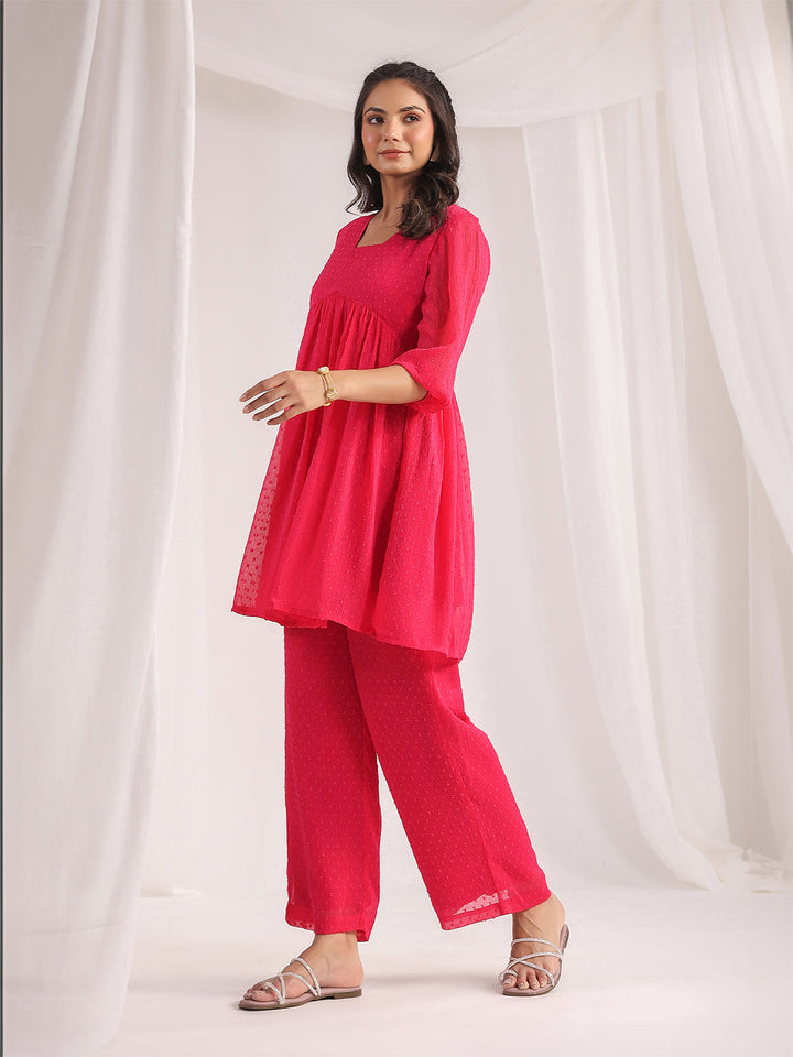 Pink Dobby Georgette Self Design Gathered Co-ord Set  - By Janasya