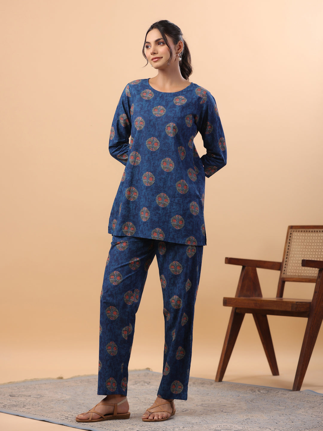 Blue Cotton Tribal Printed Regular Co-Ord Set  - By Janasya