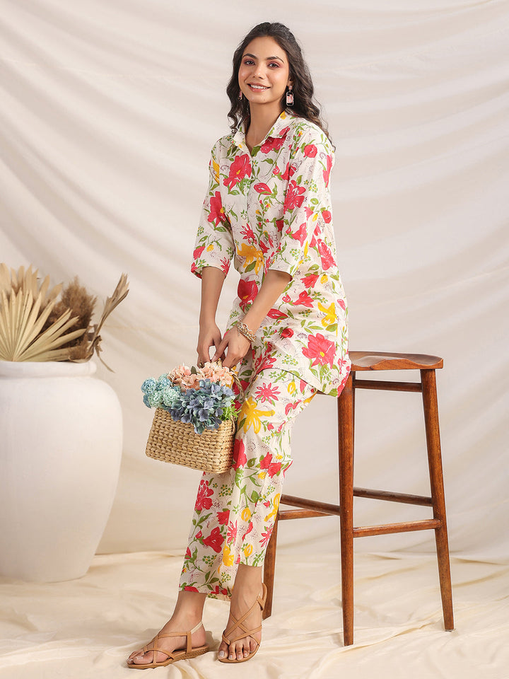 Off White Cotton Floral Regular Co-ord Set  - By Janasya