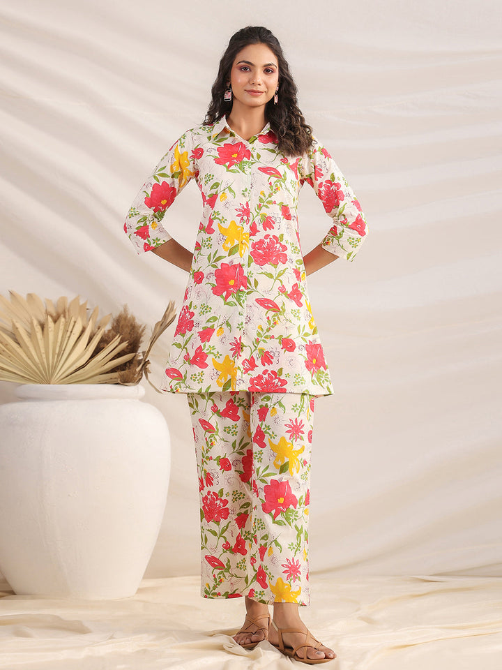 Off White Cotton Floral Regular Co-ord Set  - By Janasya