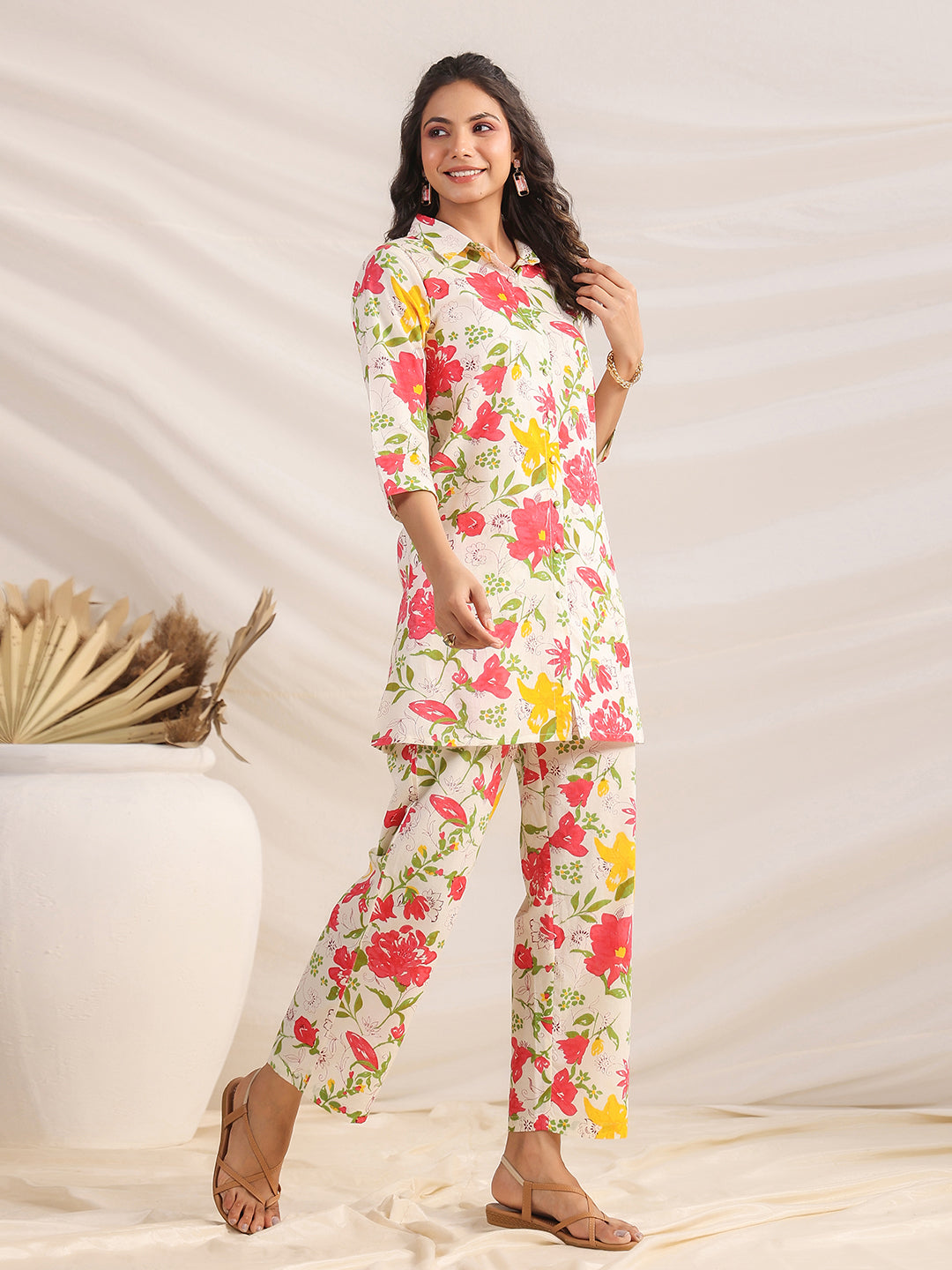 Off White Cotton Floral Regular Co-ord Set  - By Janasya