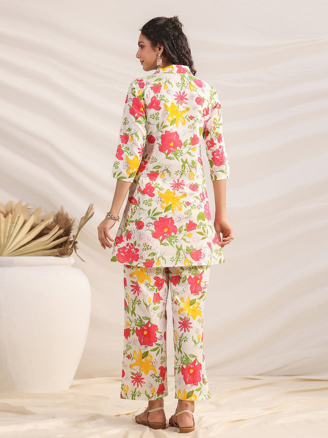 Off White Cotton Floral Regular Co-ord Set  - By Janasya