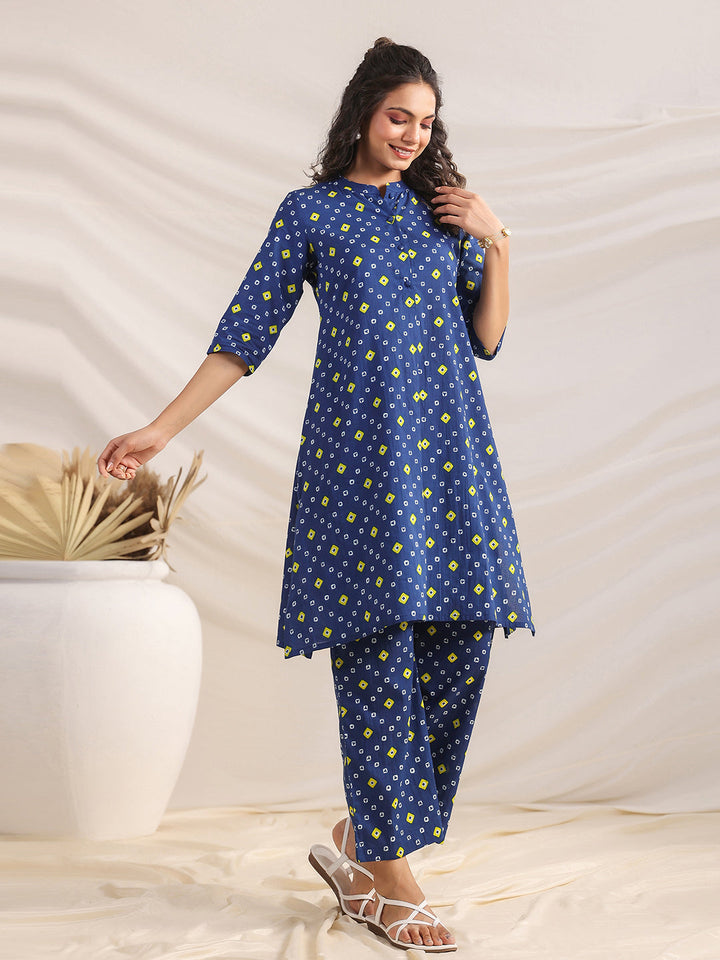 Blue Cotton Bandhani A-Line Co-ord Set  - By Janasya