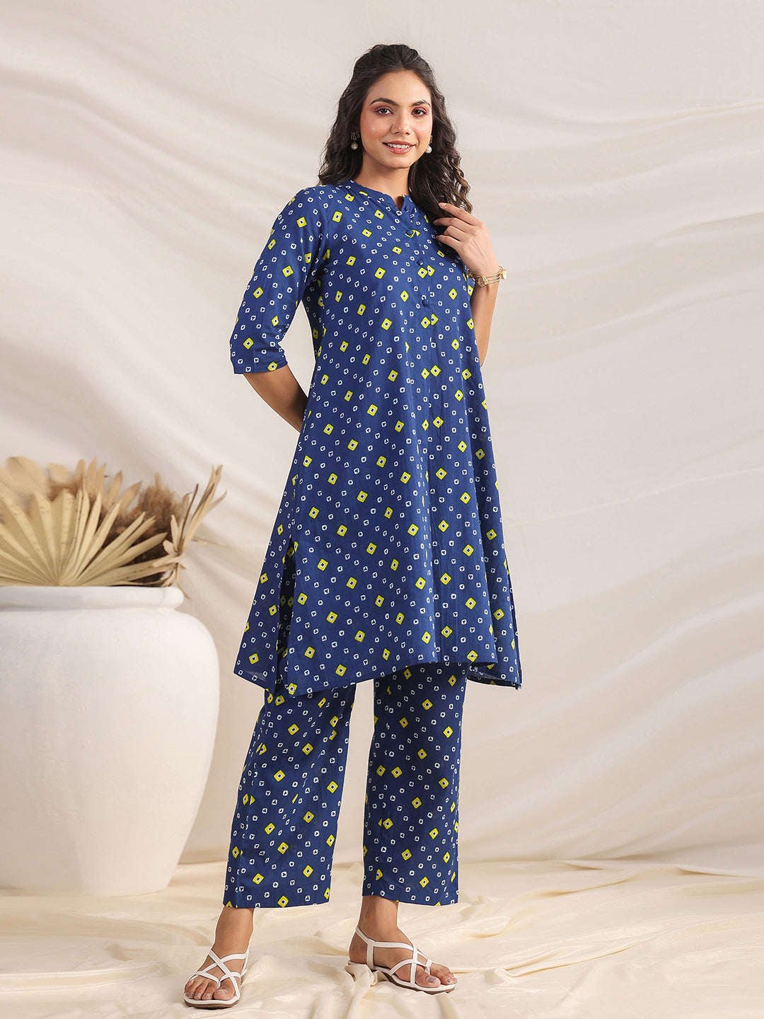 Blue Cotton Bandhani A-Line Co-ord Set  - By Janasya